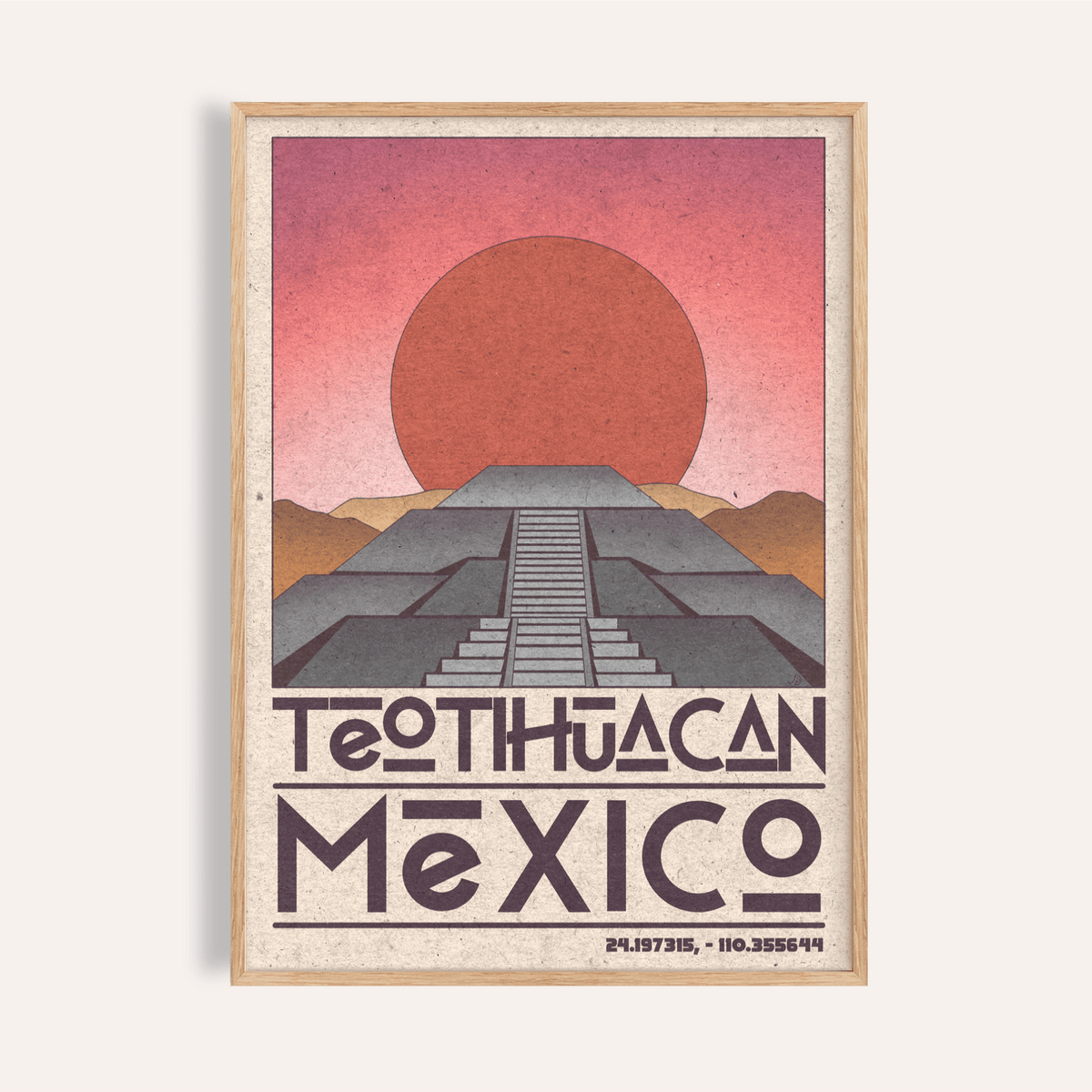 Teotihuacan Wall Art poster with geometric pyramid and rising sun