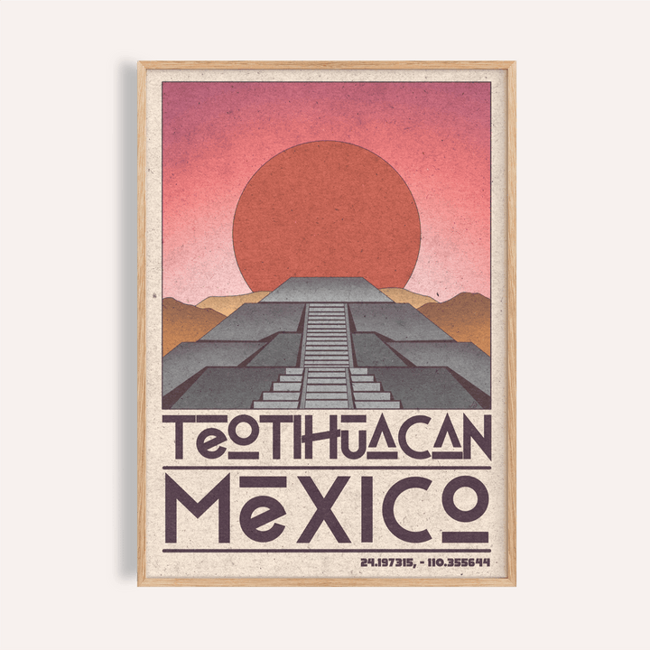 Teotihuacan Wall Art poster with geometric pyramid and rising sun