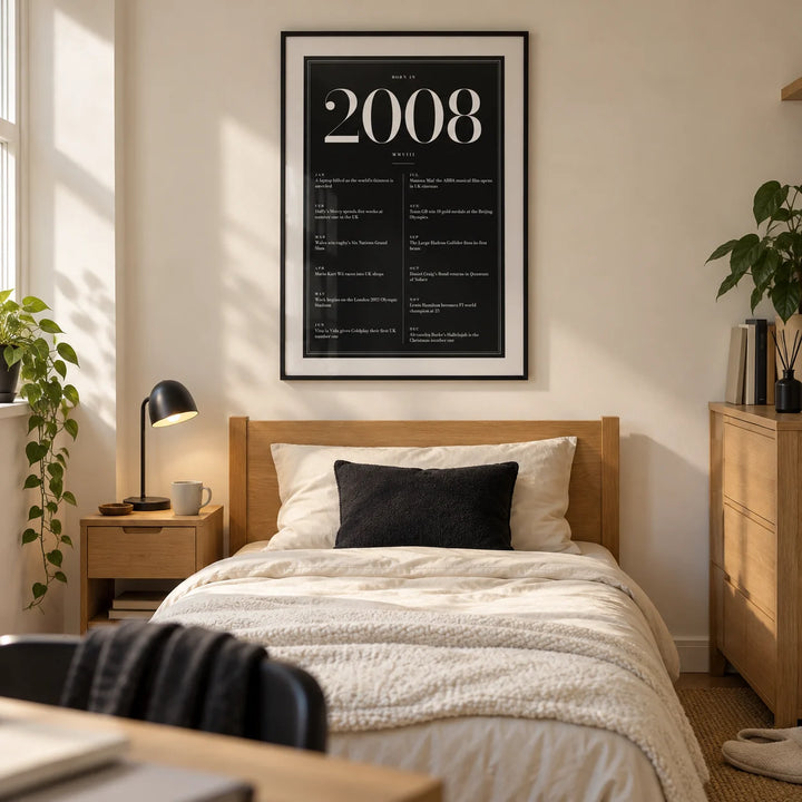 2008 Black Birthday Print, framed on the wall of a crisp university single bedroom for an 18-21-year-old in a UK shared house