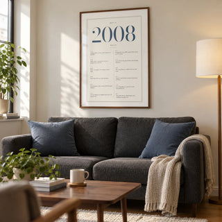 2008 Blue Birthday Print, framed on the wall of a compact modern living room in a young adult's UK flat with an ivory wall and warm wood floor