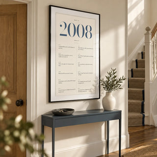 2008 Blue Birthday Print, framed on the wall of a crisp hallway in a UK terraced family home with a warm white wall