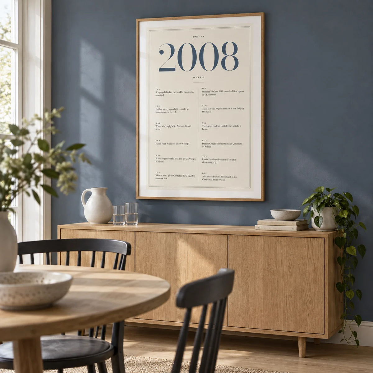 2008 Blue Birthday Print, framed on the wall of a modern dining nook in a UK flat with a muted slate blue wall and pale oak floor