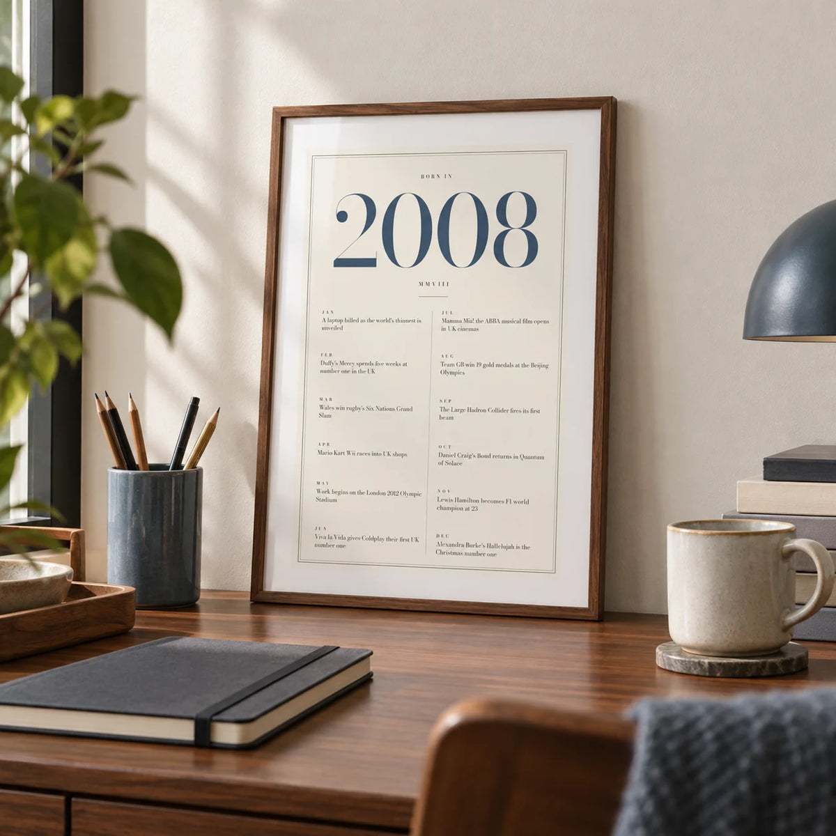 2008 Blue Birthday Print, a small A4 framed print leaning on a walnut writing desk