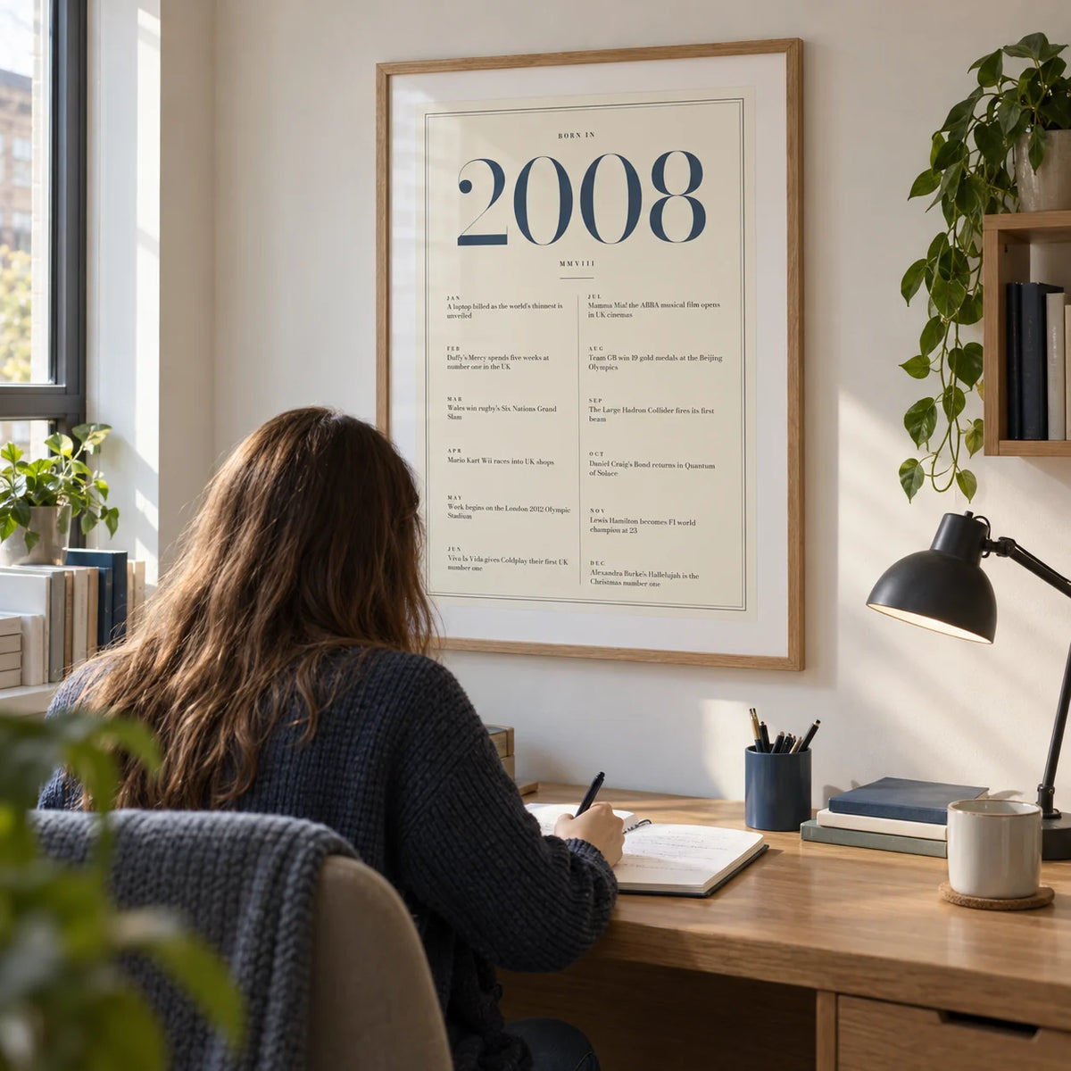 2008 Blue Birthday Print, framed on the wall of a tidy university study corner for an 18-21-year-old in a UK shared house