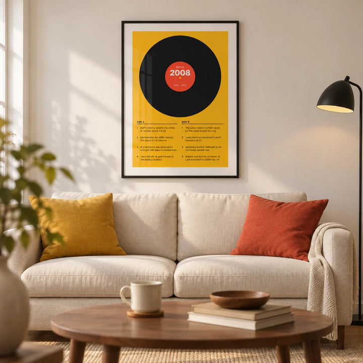 2008 Vinyl Record Print, framed on the wall of a modern living room in a compact UK first flat with a warm white wall and walnut floor
