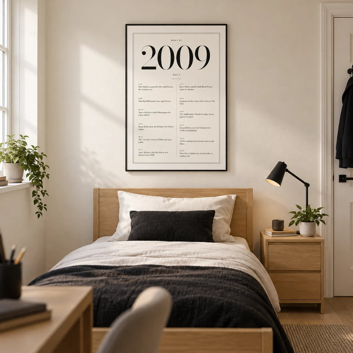 2009 Birthday Print, framed on the wall of a modern single bedroom for a teenager aged 16-17 in a UK family home