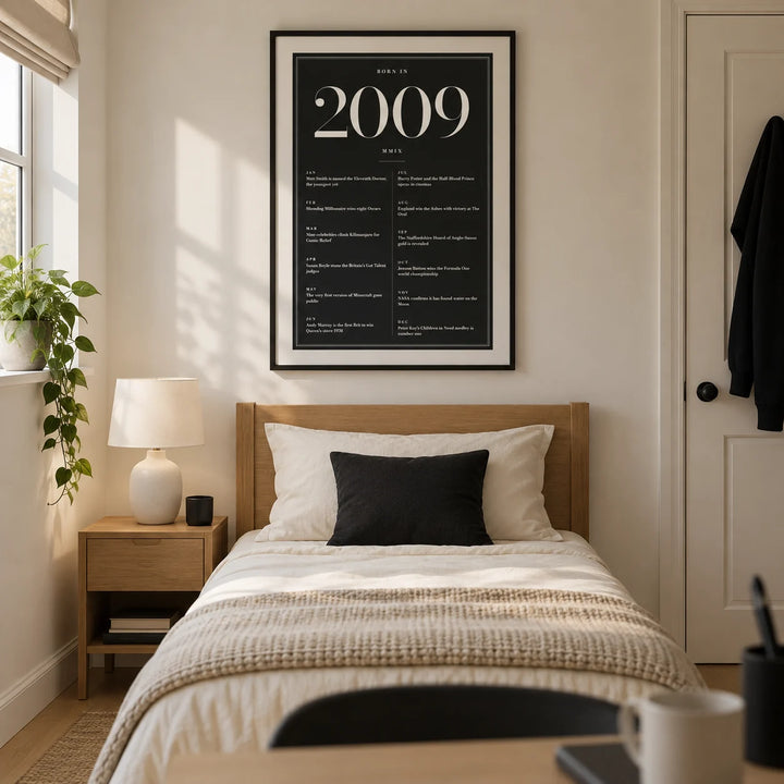 2009 Black Birthday Print, framed on the wall of a modern teenager's single bedroom (16-17) in a UK family home with a warm white wall and oak floor