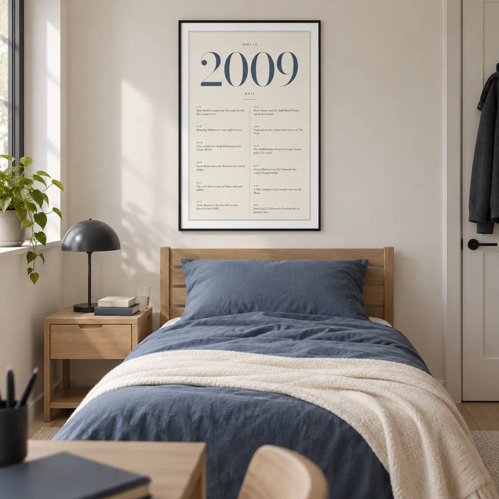 2009 Blue Birthday Print, framed on the wall of a crisp modern single bedroom for a teenager aged 16-17 in a UK family home