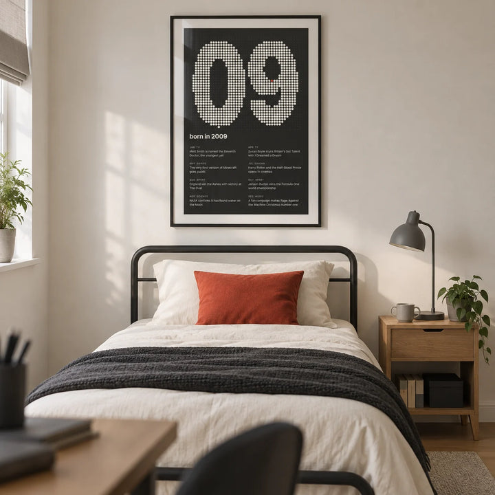 2009 Halftone Print, framed on the wall of a modern teenage bedroom for a 16-17-year-old in a UK family home