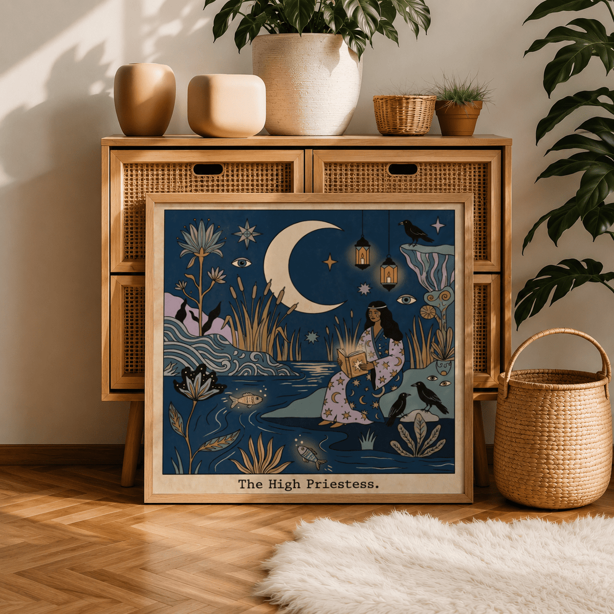 Decorative tarot wall art featuring birds perched on rocks and lanterns above