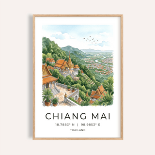 Framed Chiang Mai art print with colourful temples and green hills in watercolour style