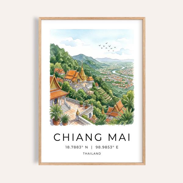 Chiang Mai Art Print watercolor poster showing hilltop temple and valley