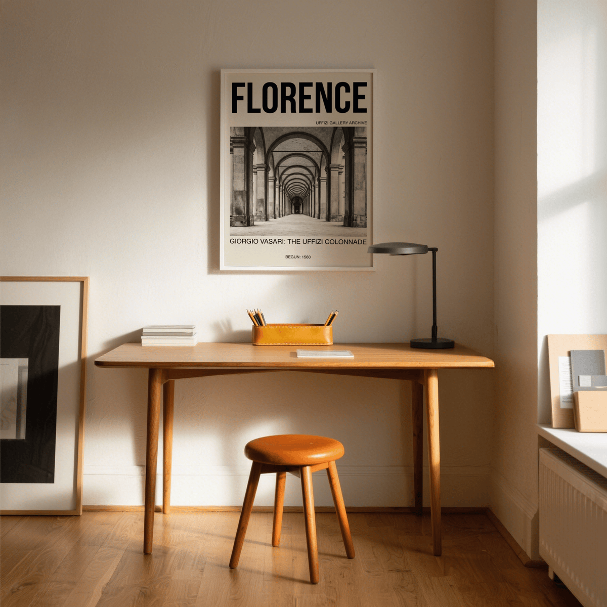 Black and white architecture poster print titled Florence with Uffizi colonnade photograph