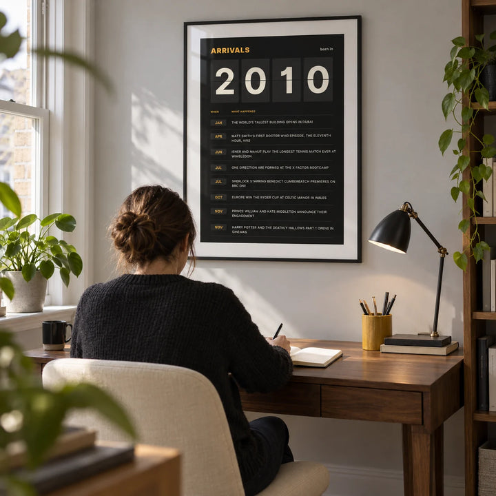 2010 Arrivals Board Print, framed on the wall of a compact contemporary home study in a UK terraced house with a pale grey wall