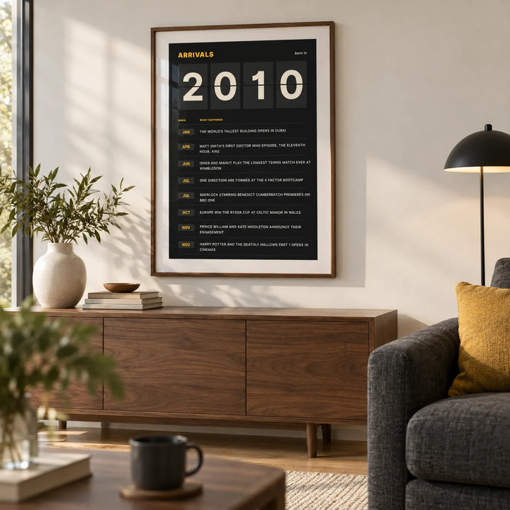 2010 Arrivals Board Print, framed on the wall of a modern family living room with an off-white wall and a warm timber floor