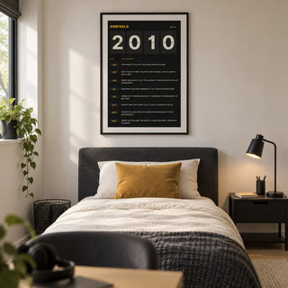 2010 Arrivals Board Print, framed on the wall of a modern single bedroom for a teenager aged 15-17 in a UK family home