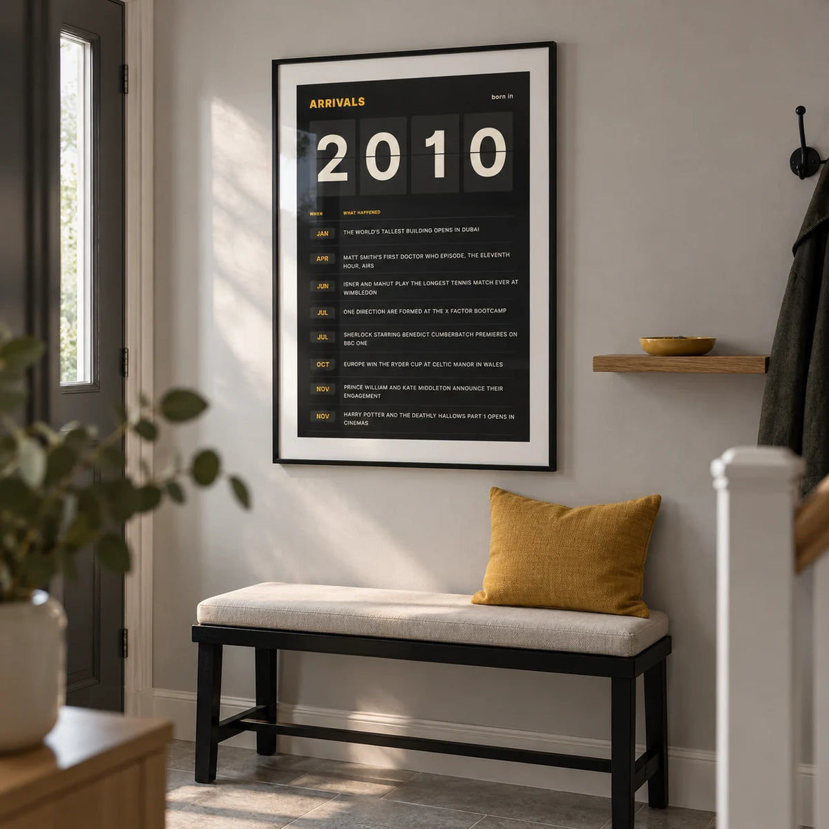 2010 Arrivals Board Print, framed on the wall of a neat entrance hallway in a UK semi-detached family home with a light grey wall