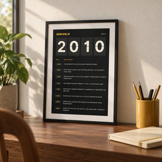 2010 Arrivals Board Print, a small A4 framed print leaning on a walnut desk