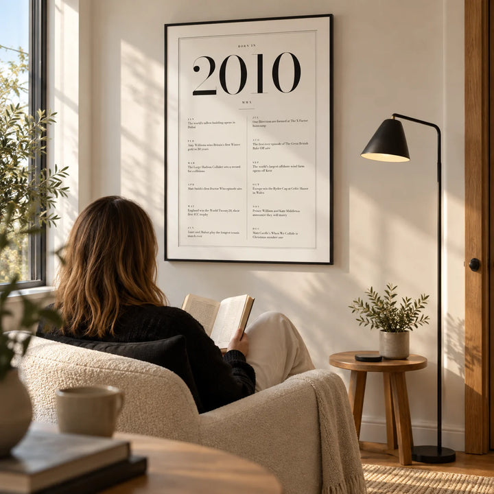 2010 Birthday Print, framed on the wall of a calm reading corner in a UK family home with a warm white wall and an oak floor in a living room