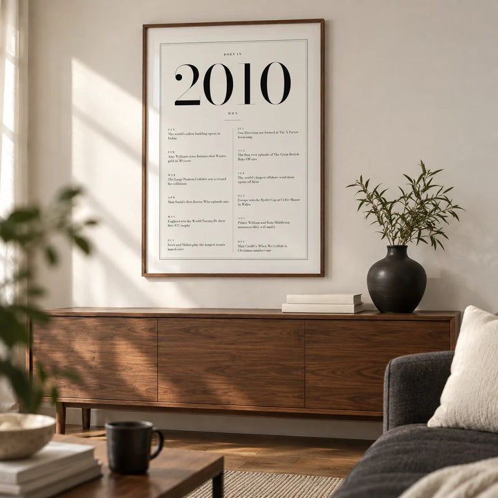 2010 Birthday Print, framed on the wall of a modern family living room in a UK home with an ivory wall and a low walnut sideboard