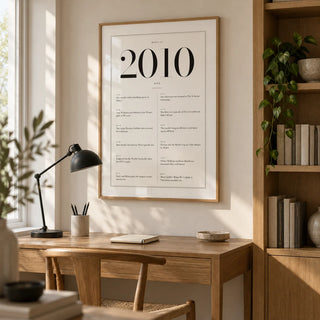 2010 Birthday Print, framed on the wall of a quiet study alcove in a modern UK family home with an ivory wall and built-in oak shelving