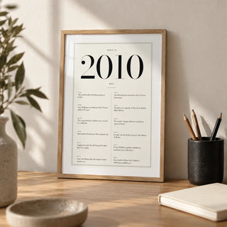2010 Birthday Print, a small A4 framed print leaning on an oak desk