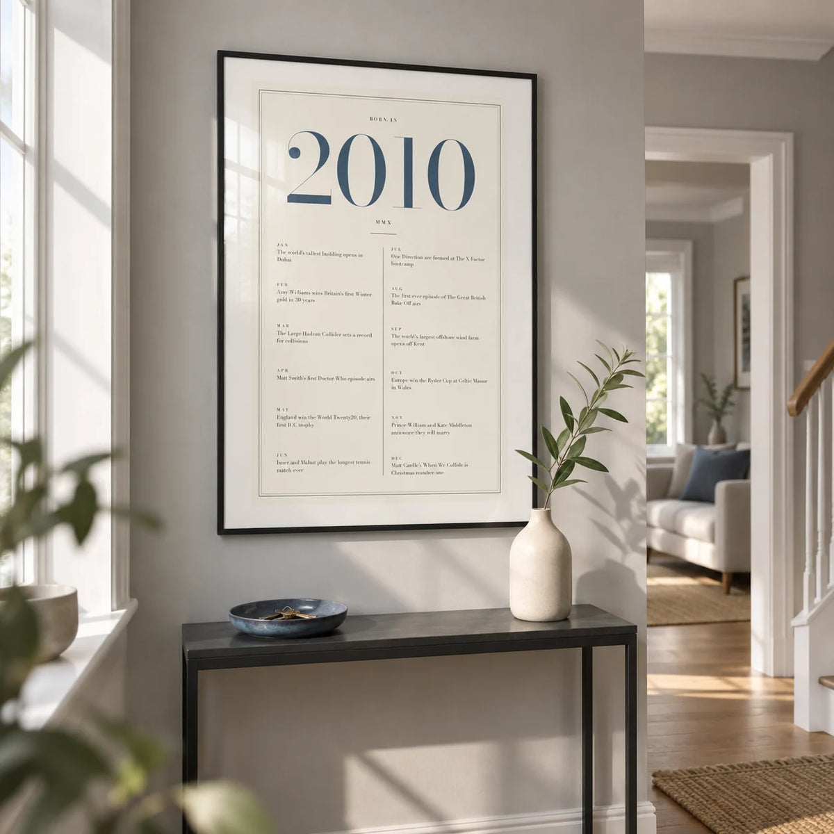 2010 Blue Birthday Print, framed on the wall of a bright hallway in a modern UK family home with a pale grey wall and oak floorboards