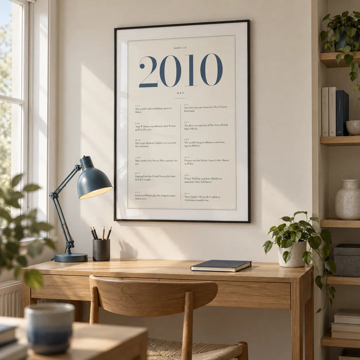 2010 Blue Birthday Print, framed on the wall of a compact study corner in a UK family home with a cream wall and a clean-lined oak desk