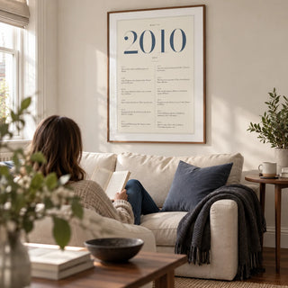 2010 Blue Birthday Print, framed on the wall of a contemporary family living room in a UK terraced house with warm white walls and a walnut floor