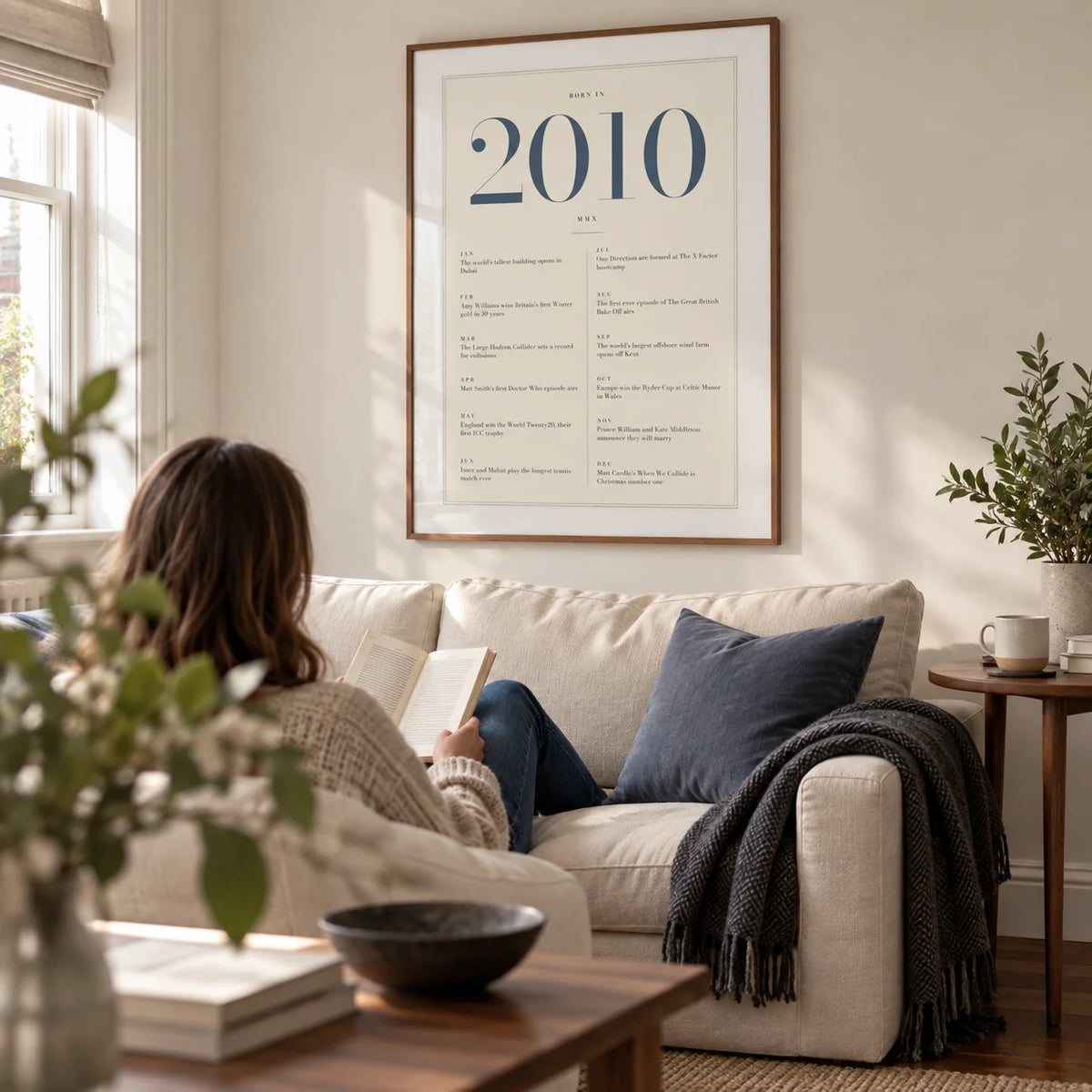 2010 Blue Birthday Print, framed on the wall of a contemporary family living room in a UK terraced house with warm white walls and a walnut floor