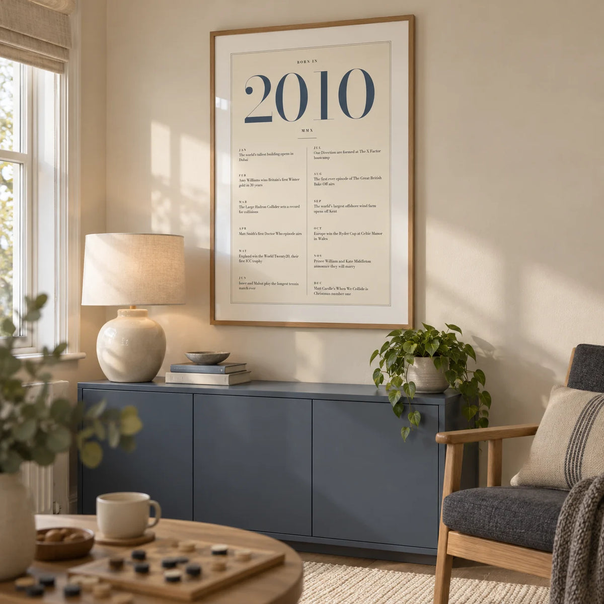 2010 Blue Birthday Print, framed on the wall of a small upstairs snug in a UK family house with a cream wall and a quiet corner for board games in a living room