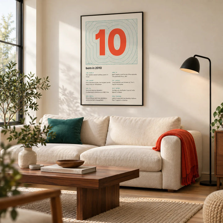 2010 Contour Map Print, framed on the wall of a bright modern family living room with a warm white wall and walnut furniture