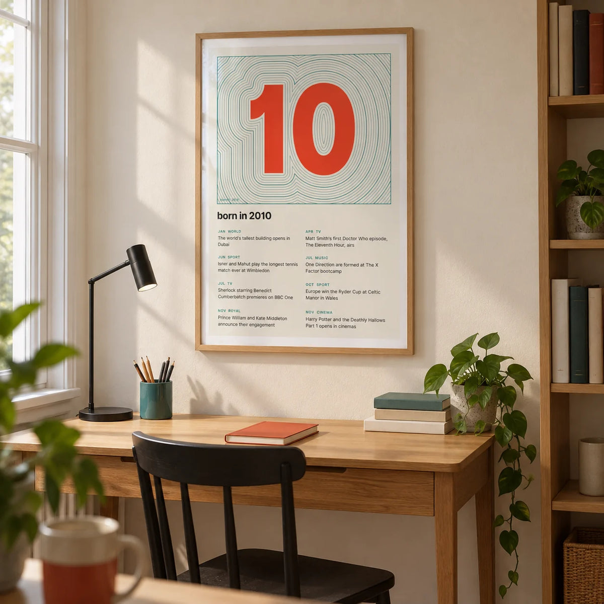 2010 Contour Map Print, framed on the wall of a compact contemporary study in a British terraced house with a cream wall