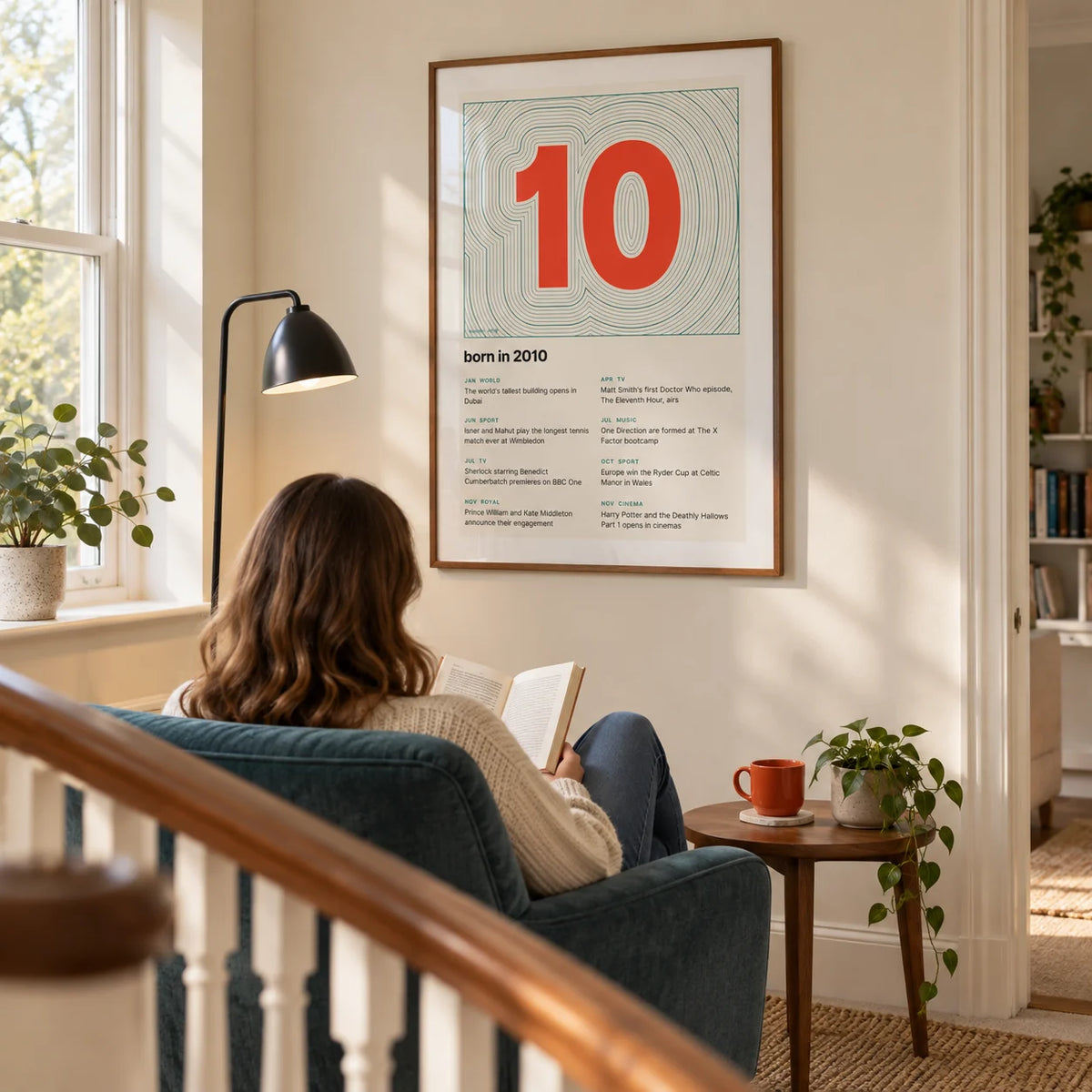 2010 Contour Map Print, framed on the wall of a quiet reading corner on a spacious landing in a UK family home with a pale cream wall in a living room