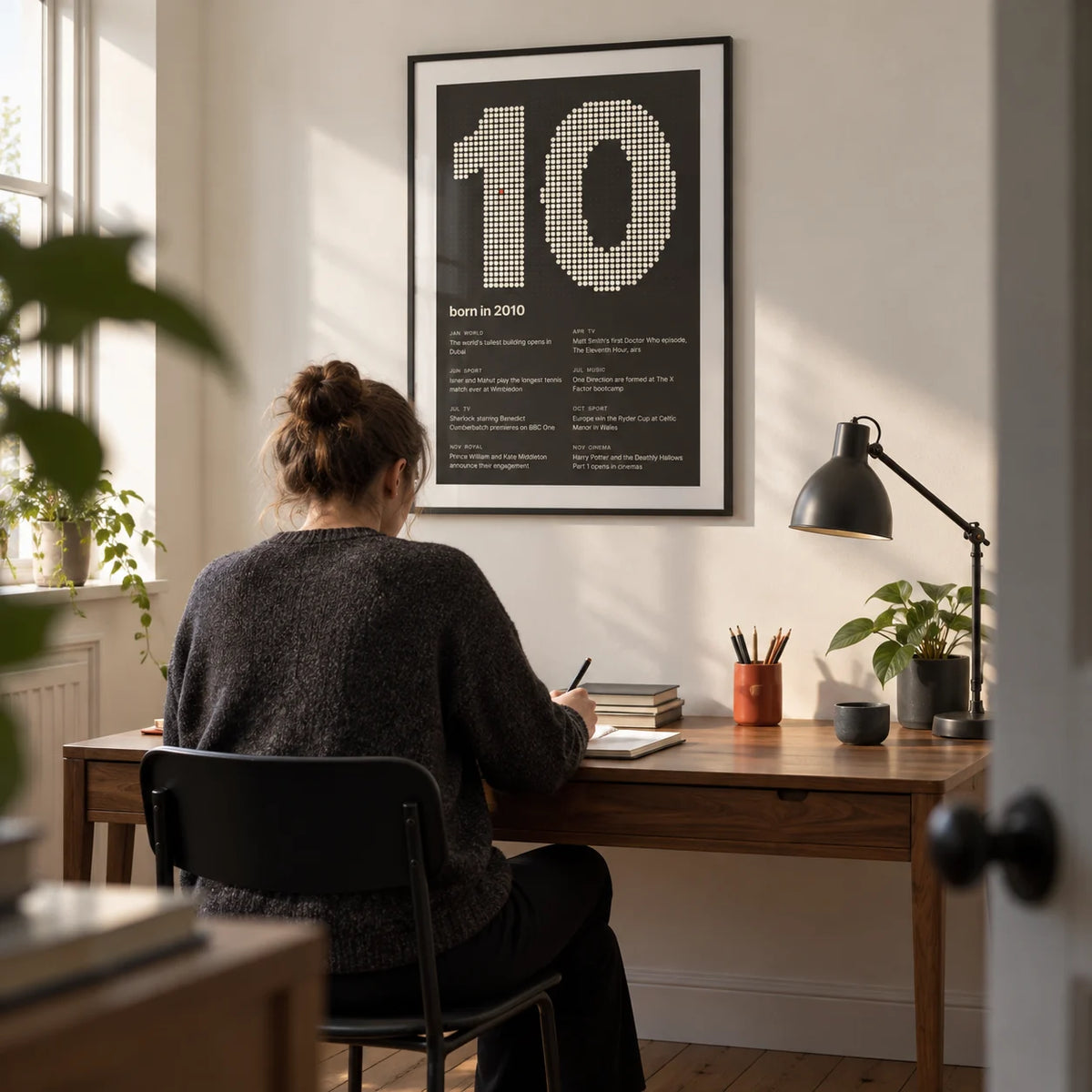 2010 Halftone Print, framed on the wall of a compact contemporary home study in a UK terrace with an off-white wall