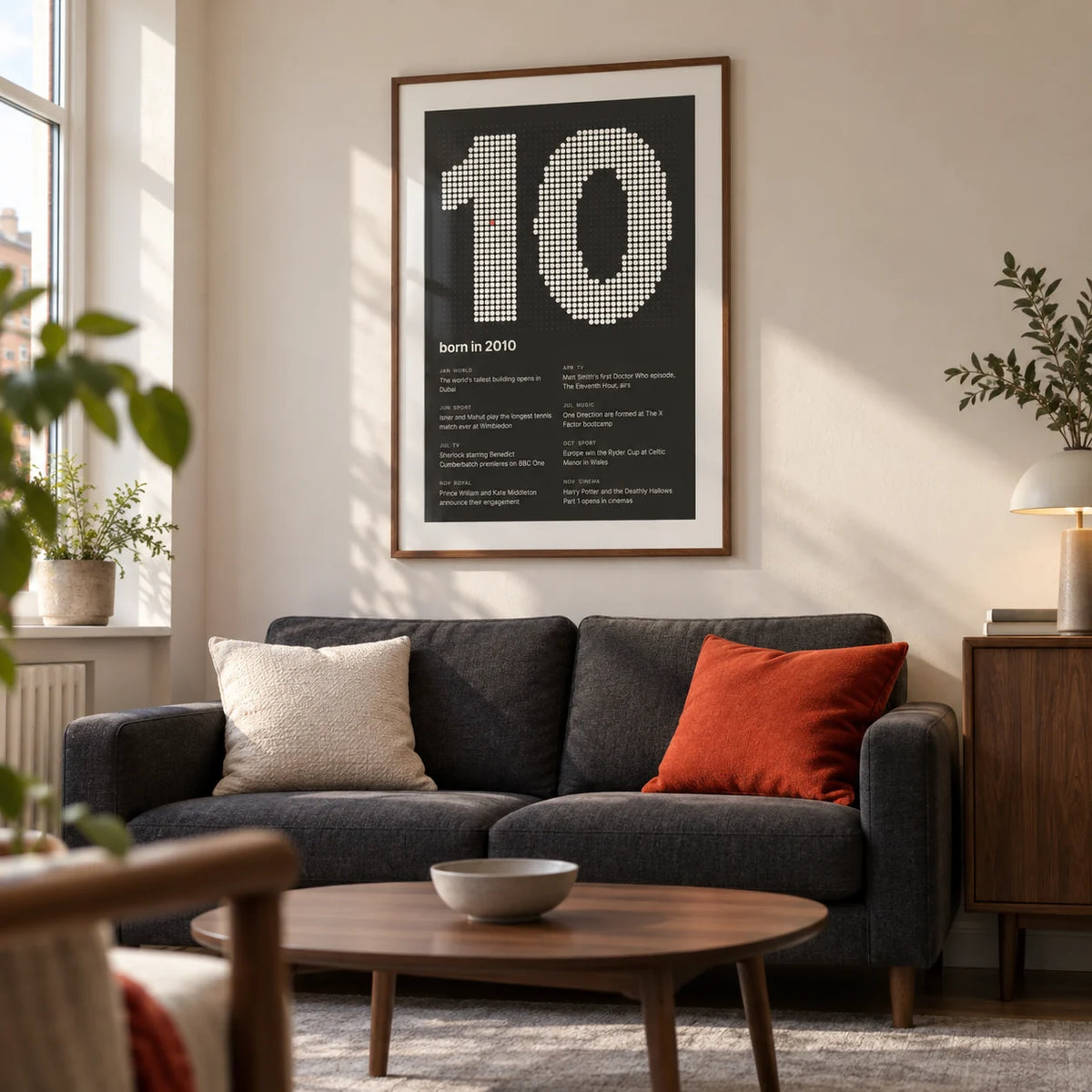 2010 Halftone Print, framed on the wall of a design-led living room in a modest UK city flat with a warm white wall and walnut furniture