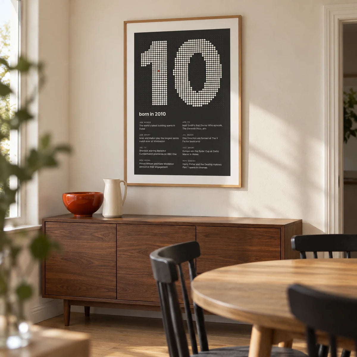 2010 Halftone Print, framed on the wall of a modern dining nook in a UK family home with a cream wall and plain oak floor