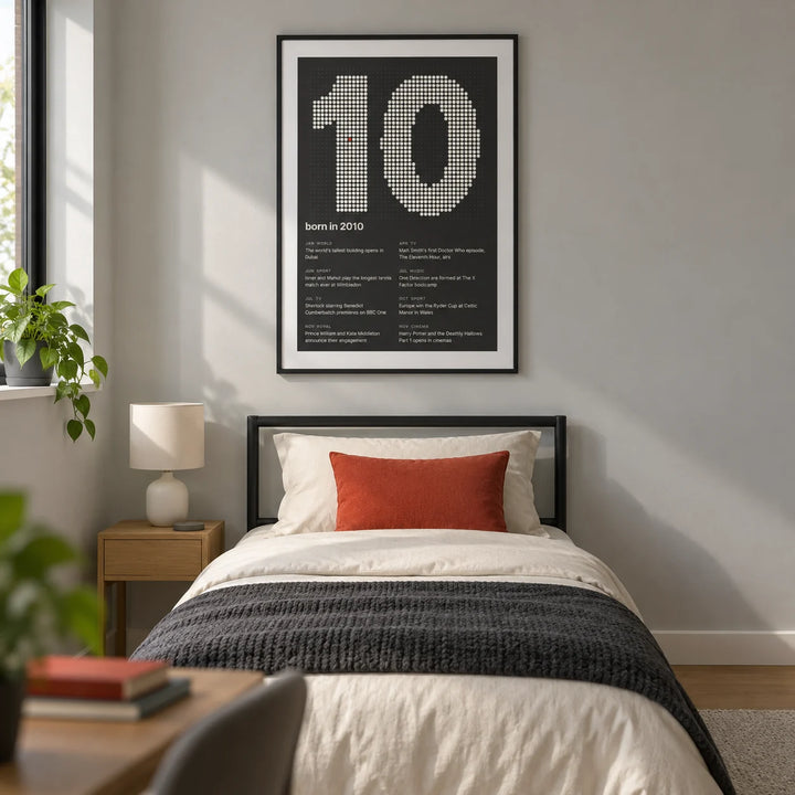 2010 Halftone Print, framed on the wall of a modern teenage bedroom (13-17) in a UK family home with a pale grey wall and oak floor