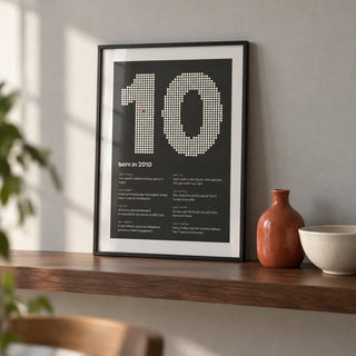 2010 Halftone Print, a small A4 framed print leaning on a walnut shelf in a living room