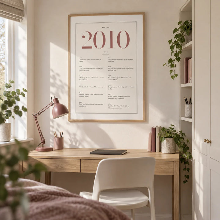 2010 Pink Birthday Print, framed on the wall of a bright teenage study room in a UK family home with a warm white wall and fitted ivory cupboards in a bedroom