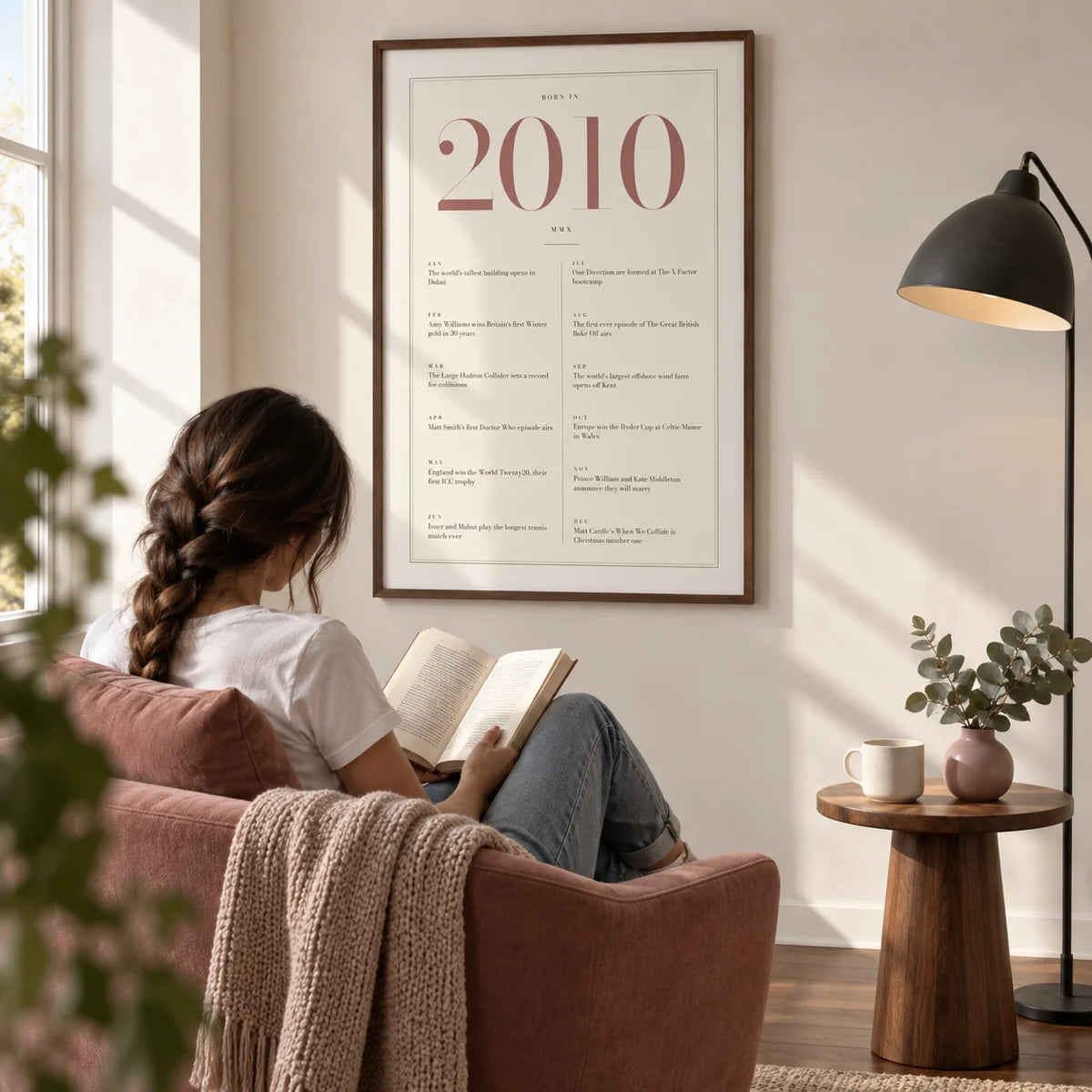 2010 Pink Birthday Print, framed on the wall of a contemporary family reading corner with an ivory wall and walnut floorboards in a living room