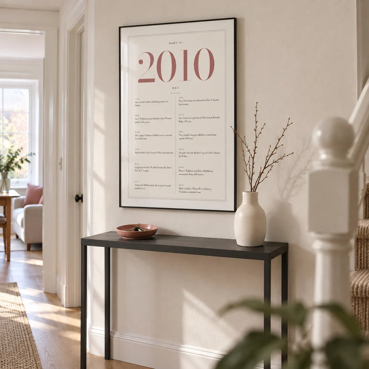 2010 Pink Birthday Print, framed on the wall of a light hallway in a modern UK terraced family home with a warm white wall and pale oak floor