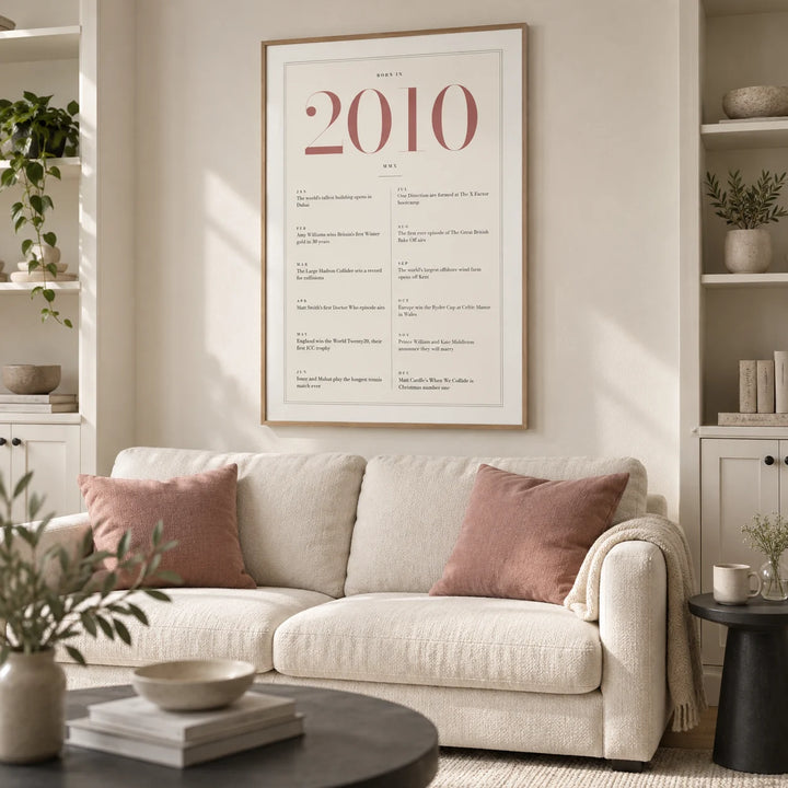 2010 Pink Birthday Print, framed on the wall of a modern family living room with an ivory wall