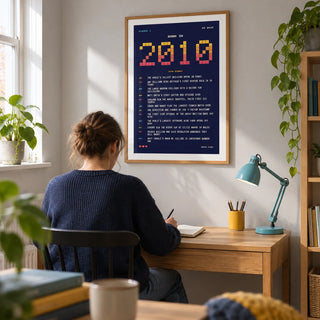 2010 Pixel Art Print, framed on the wall of a bright family study in a UK terraced house with a pale grey wall and oak floor