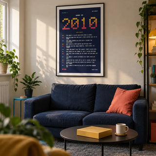 2010 Pixel Art Print, framed on the wall of a compact games snug in a British semi-detached home with a warm white wall and charcoal carpet in a living room