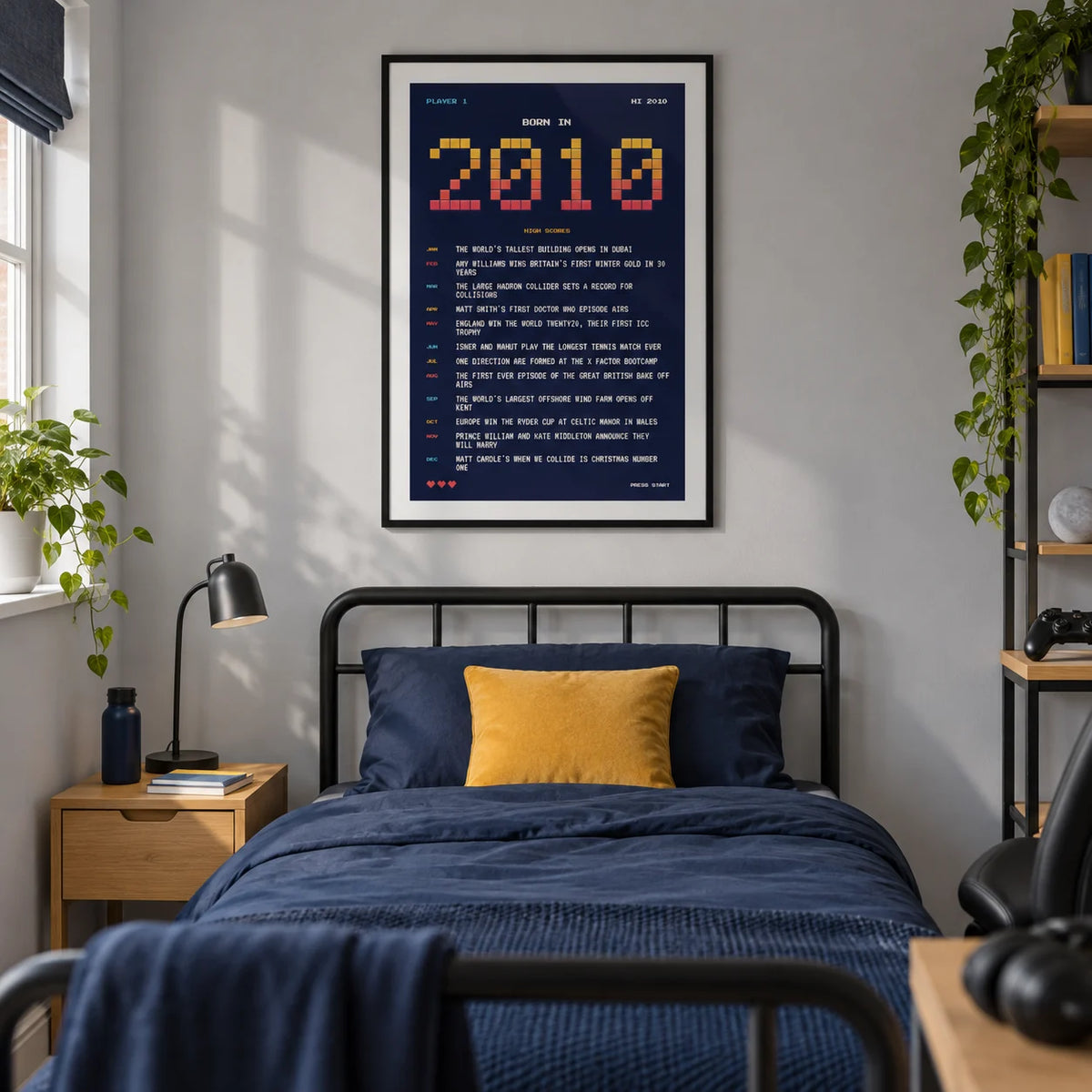 2010 Pixel Art Print, framed on the wall of a modern single bedroom for a teenage gamer (15-17) in a UK family home