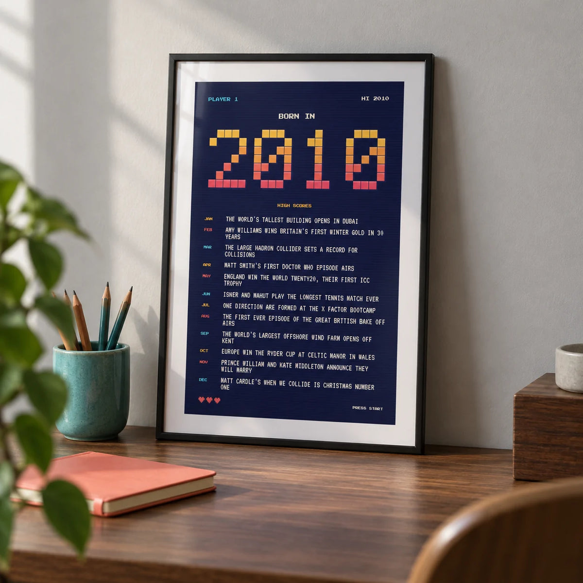 2010 Pixel Art Print, a small A4 framed print leaning on a walnut desk