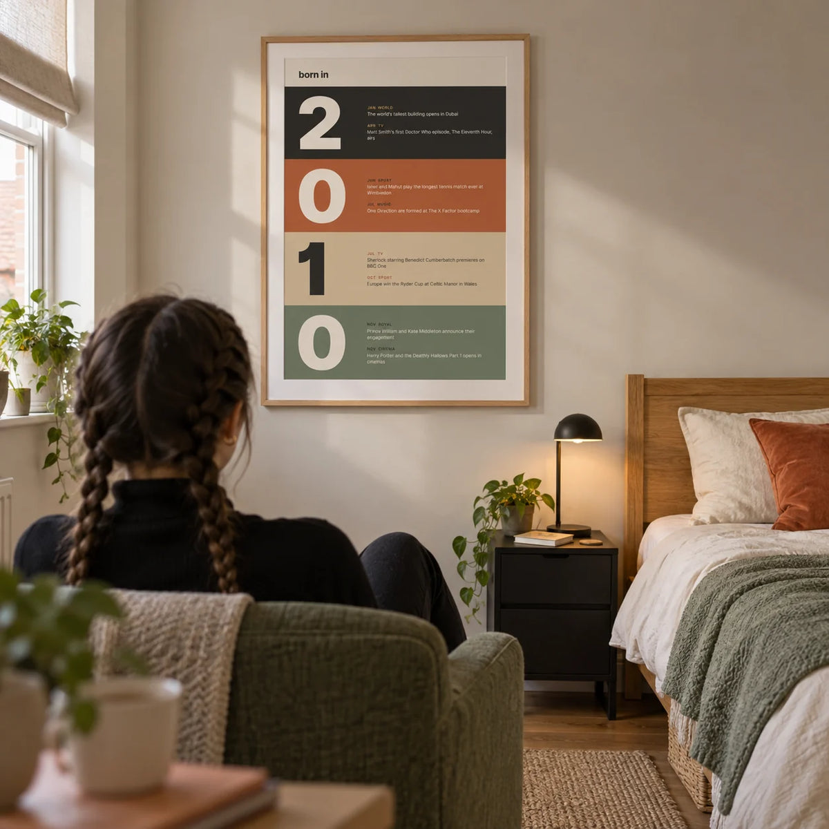 2010 Typography Print, framed on the wall of a crisp teenage single bedroom for someone born in 2010