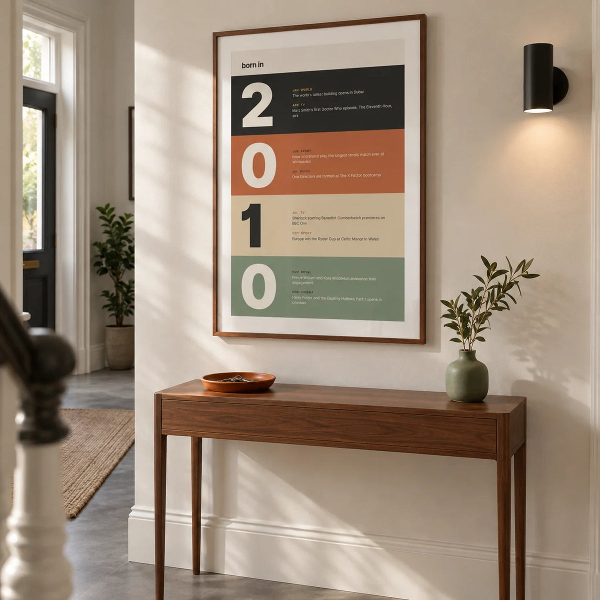 2010 Typography Print, framed on the wall of a design-led hallway in a renovated UK terrace with a warm white wall and a plain grey floor