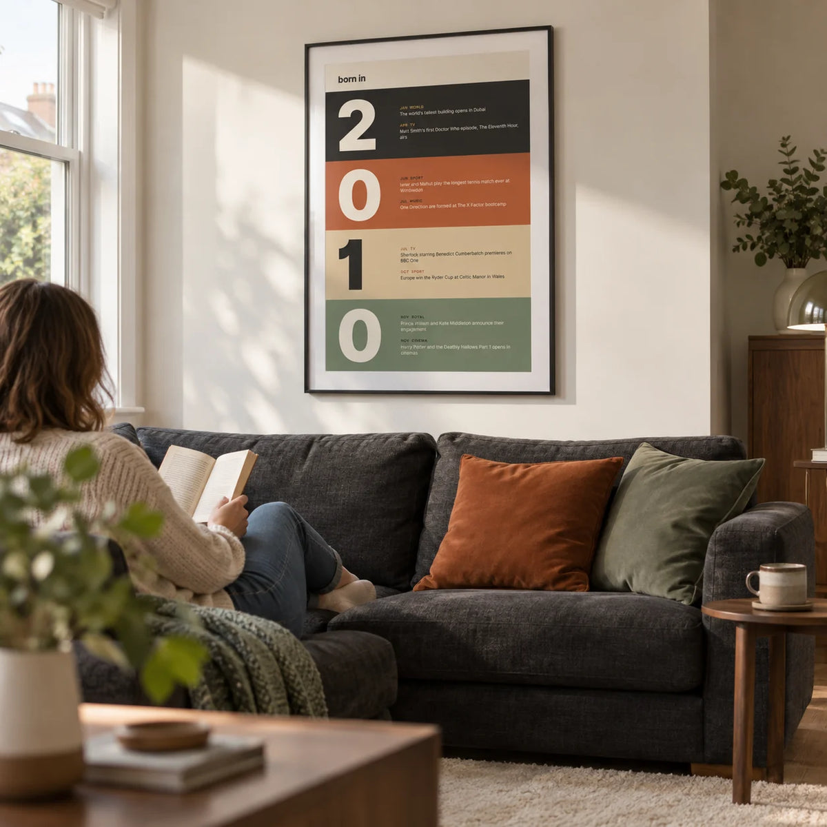 2010 Typography Print, framed on the wall of a modern family living room in a UK semi-detached home with a chalk white wall and walnut furniture